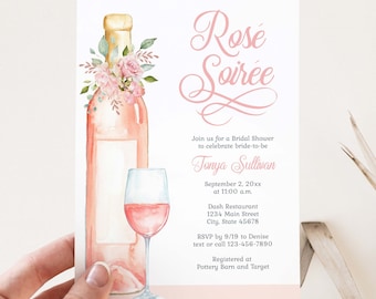 Rose Soiree Bridal Shower Invitation, Wine theme Bridal Shower Invite, Wedding Shower, pink floral flowers | PRINTABLE EDITABLE TEMPLATE 232