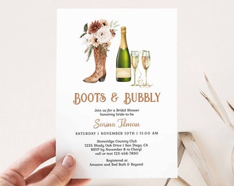 Boots and Bubbly Bridal Shower Invitation, Brunch and Bubbly, country western theme invite, boho terracotta floral, Nashville TEMPLATE 187