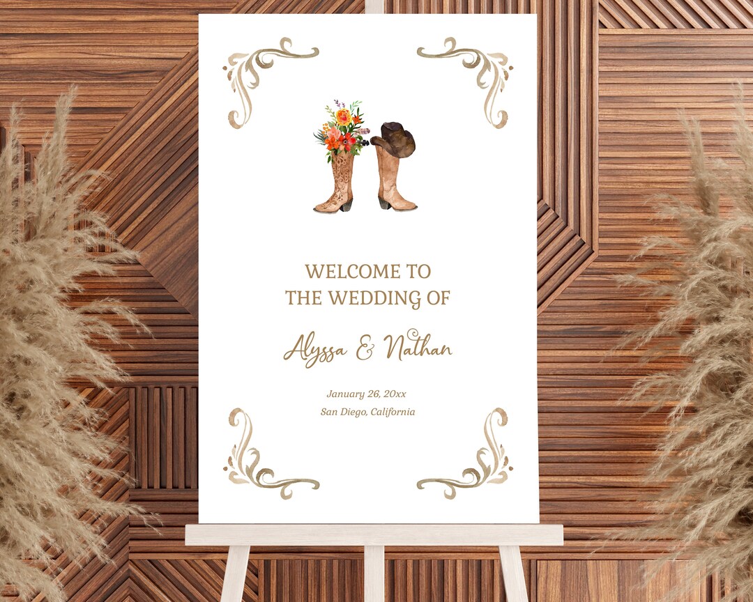 Orange Floral Cowboy Boots Welcome Sign, Western Wedding Sign, Bridal ...