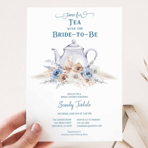 Tea Party Bridal Shower Invitation, blue floral flowers, afternoon high English tea, time for tea, tea themed invite, teapot | TEMPLATE 181