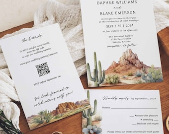 Könnte beinhalten: Hochzeitseinladungs-Set mit Wüstenmotiv, das Kakteen und eine Bergkette zeigt. Die Einladung enthält die Namen Daphne Williams und Blake Emerson, das Datum und RSVP-Informationen. Eine Karte enthält einen QR-Code.