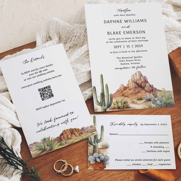 Desert Wedding Invitation Template Set, Southwestern Wedding Invite Suite, Scottsdale, Sedona Cactus, Joshua Tree | Printable  Download 297