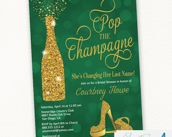 Emerald Green Gold Bridal Shower Invitation | Pop the Champagne She's Changing her Last Name Invite, Bachelorette, Champagne Theme