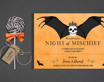 Bat Halloween Invitation, Halloween Invite, Halloween Party, Halloween Birthday, Adult Halloween, skull, Halloween Printable, Digital File