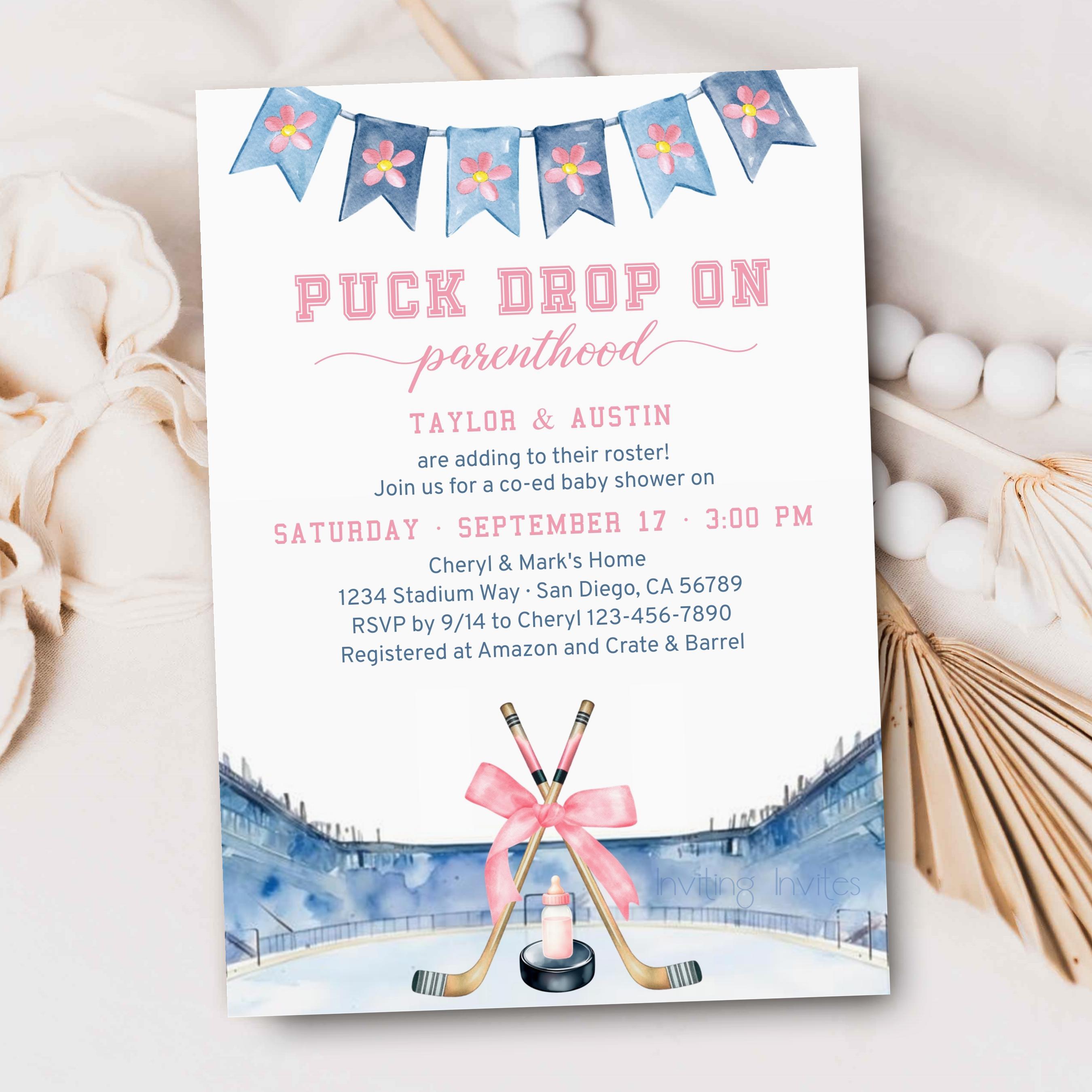 Ice Hockey Baby Shower Invitation | Puck Drop on Parenthood Invite | Winter  Ice Rink Coed Baby Shower, Pink Girl Sports MVP | TEMPLATE 566 - Etsy, image size:2700x2700