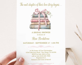 Pastel Pink Bow Book Themed Bridal Shower Invitation, Next Chapter Purple Love Story Invites, Once Upon a Time Shower fairytale TEMPLATE 354