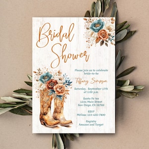 Rustic Bridal Shower Invitation Template, Western Ranch Cowboy Boots & Floral Invite, Teal Burnt Orange Terracotta Cowgirl Shower 560