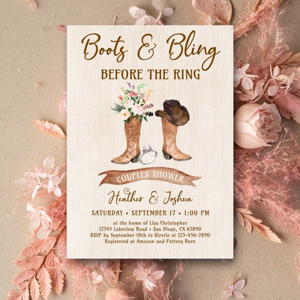 Boots and Bling Cowboy Boots Couples Shower Invitation, Rustic Country Western Bridal Shower Invite BLUSH PINK floral flowers TEMPLATE 172 B