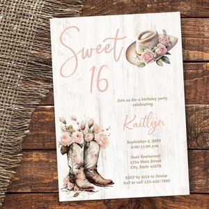 Sweet 16 Birthday Invitation, Cowboy Cowgirl Boots Invite with pink floral, Rustic Country Sweet Sixteen, Sweet Sixteenth, 16th TEMPLATE 220