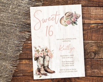 Sweet 16 Birthday Invitation, Cowboy Cowgirl Boots Invite with pink floral, Rustic Country Sweet Sixteen, Sweet Sixteenth, 16th TEMPLATE 220
