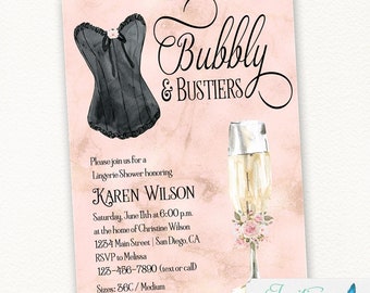 Bubbly and Bustier Lingerie Bridal Shower Invitation | Champagne Theme | Bachelorette Party Invite | Black Bustier | Printed or Printable