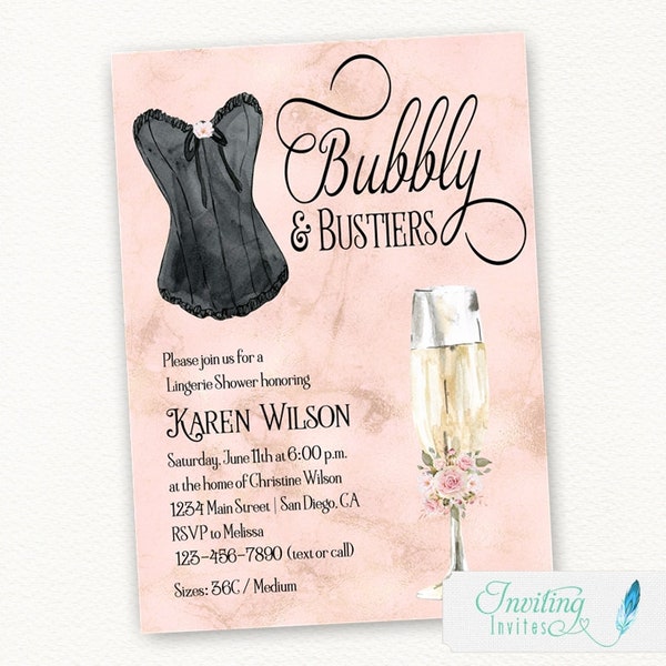 Bubbly and Bustier Lingerie Bridal Shower Invitation | Champagne Theme | Bachelorette Party Invite | Black Bustier | Printed or Printable