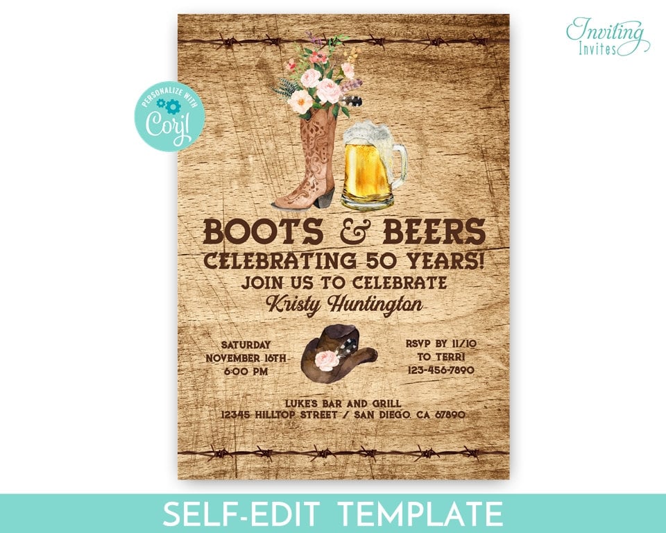 Cowgirl Boots and Beer Rustic Birthday Party Invitation, Cowboy Boot ...