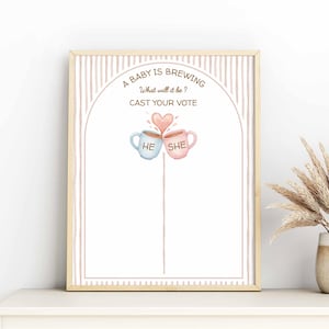 May include: A framed print with the text "A Baby Is Brewing" and "Cast Your Vote." The artwork features two mugs, one blue and one pink, with the words "He" and "She" on them, and a pink heart. The background has a pink and white striped design.