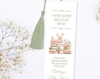 Baby Shower Bookmark TEMPLATE, A New Chapter Will Soon Begin Bookmark Favor, Library Storybook theme pastel teddy bear books for baby | 382