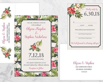 Tropical Wedding Invitation, Floral Wedding Invitation, Destination Wedding, Beach Wedding, Hibiscus Flower  DEPOSIT