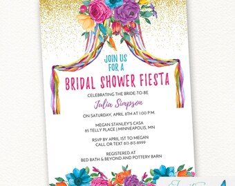 Mexican Fiesta bridal Shower theme invitations, colorful bright flowers, floral, spanish, southwest, invite, couples shower