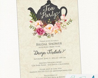 Vintage Tea Party Bridal Shower Invitation, Bridal Shower Tea Party, pink floral, Shabby Chic Tea Party Invite| Printable or Printed #106