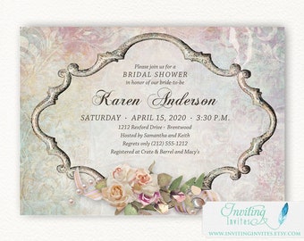 Vintage Victorian Bridal Shower Invitation, Shabby Chic Invite, Blush Pink Floral Bridal Shower | Printable, Digital File