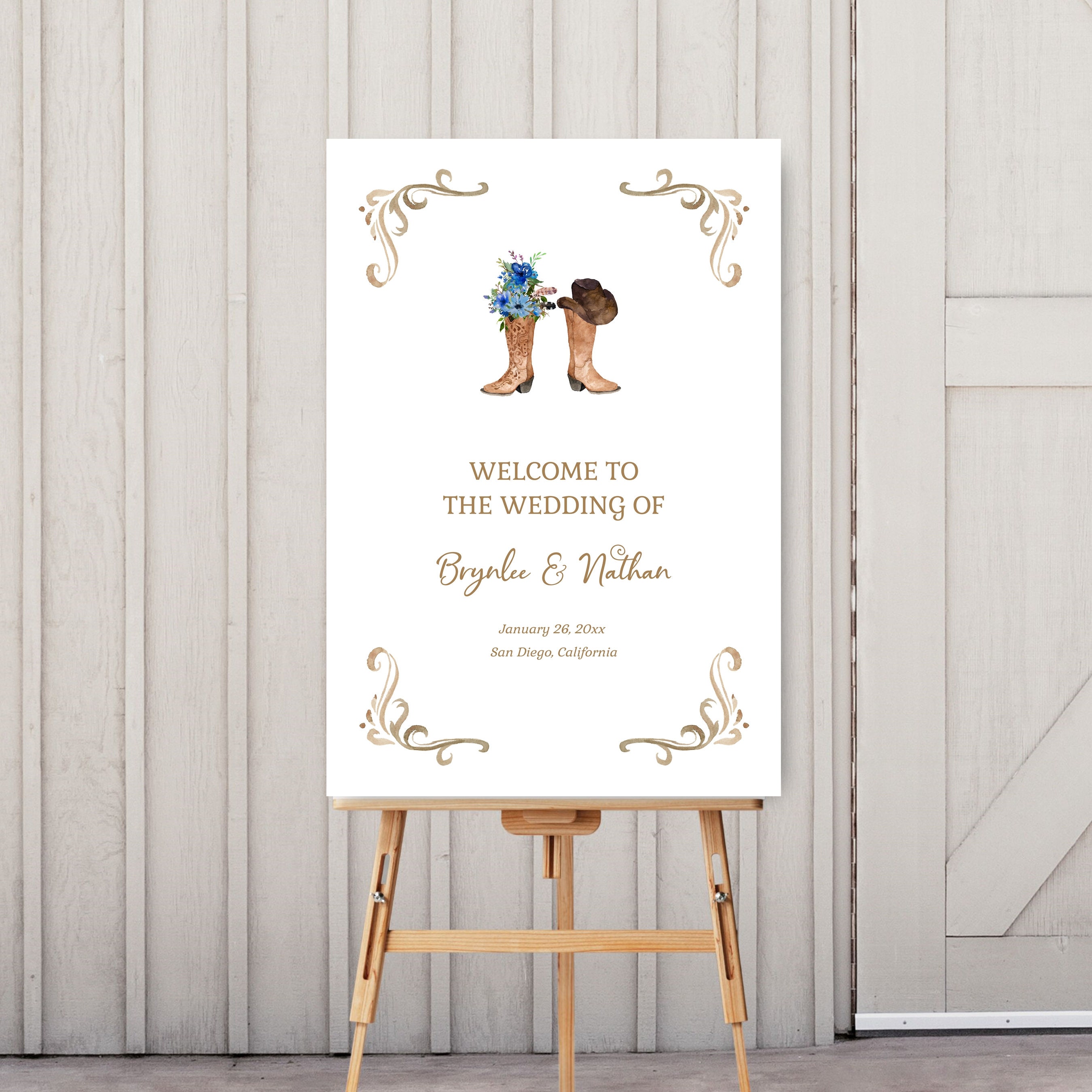 BLUE Floral Cowboy Boots Welcome Sign, Western Wedding Sign, Bridal ...