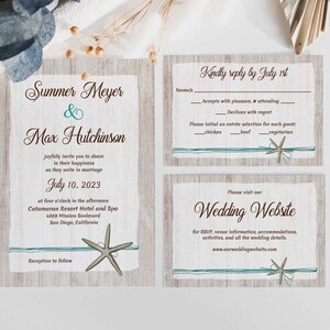 May include: A wedding invitation with a rustic wood background and a starfish design. The invitation is for Summer Meyer and Max Hutchinson, and it states the wedding will be held on July 10, 2023 at the Catamaran Resort Hotel and Spa in San Diego, California. The invitation also includes a RSVP card with a deadline of July 1st and a website address for more information.