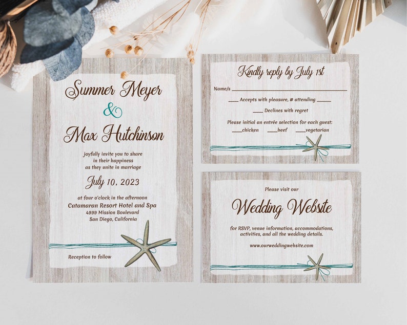 May include: A wedding invitation with a rustic wood background and a starfish design. The invitation is for Summer Meyer and Max Hutchinson, and it states the wedding will be held on July 10, 2023 at the Catamaran Resort Hotel and Spa in San Diego, California. The invitation also includes a RSVP card with a deadline of July 1st and a website address for more information.