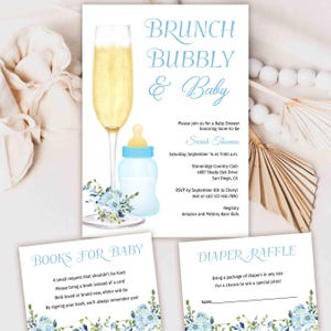 Baby boy Shower brunch Invitation bundle, Poppin Bottles Invite, Couples Coed Shower, champagne, baby bottle, blue floral  | TEMPLATE 184