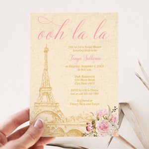Paris Eiffel Tower Bridal Shower Invitation, pink and gold Parisian theme, blush pink floral flowers, vintage French invite TEMPLATE 329