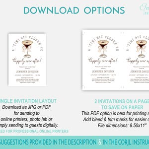 Puede incluir: Plantillas de invitaci&oacute;n blancas con un gr&aacute;fico de martini y el texto "A Tini Bit Closer to Happily Ever After!". La invitaci&oacute;n incluye el nombre Jennifer Davidson y los detalles del evento. Se proporcionan opciones de descarga.