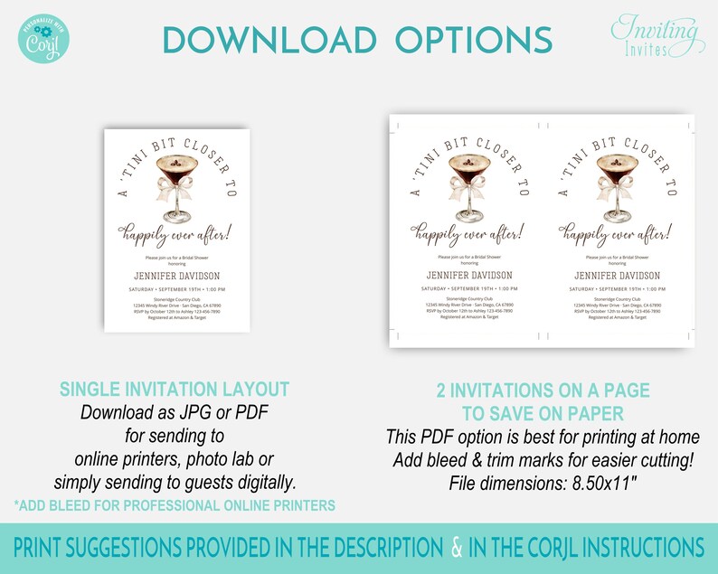 Puede incluir: Plantillas de invitaci&oacute;n blancas con un gr&aacute;fico de martini y el texto "A Tini Bit Closer to Happily Ever After!". La invitaci&oacute;n incluye el nombre Jennifer Davidson y los detalles del evento. Se proporcionan opciones de descarga.
