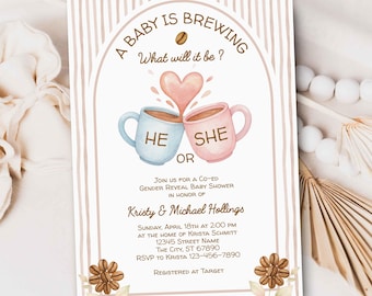 May include: A baby shower invitation with a coffee theme. The invitation features the text "A Baby is Brewing" and "What will it be?" with two coffee mugs, one blue and one pink, and the words "He" and "She". The invitation includes the names Kristy & Michael Hollings.