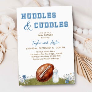 BLUE Huddles and Cuddles Football Baby Shower Invitation, Coed Baby Sprinkle Tailgate Touchdown College Football themed Invite TEMPLATE 532