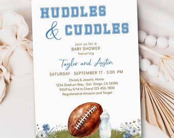 BLUE Huddles and Cuddles Football Baby Shower Invitation, Coed Baby Sprinkle Tailgate Touchdown College Football themed Invite TEMPLATE 532