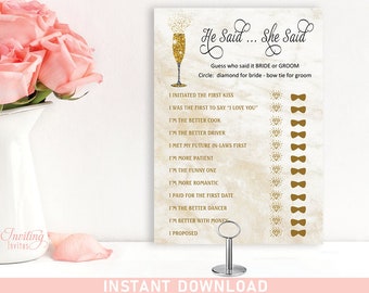 Gold Bridal Shower He Said She Said Shower Game, Printable, PDF, party game, champagne glass, INSTANT DOWNLOAD 119