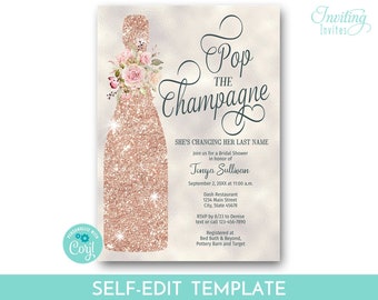 Rose Gold Bridal Shower Invitation, Pop the Champagne She's Changing her Last Name Invite, brunch and bubbly | DIY EDITABLE PRINTABLE #114