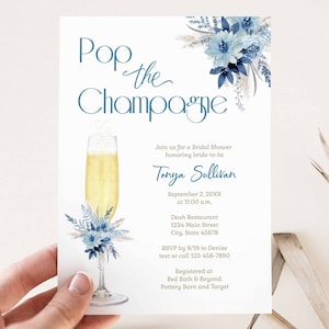 Pop the Champagne Bridal Shower Invitation, Bridal Brunch Wedding Shower invites, brunch and bubbly, blue floral | DIGITAL TEMPLATE 194