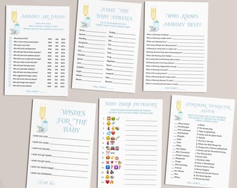 Baby Shower Games Bundle Set, Brunch Champagne themed shower, Poppin Bottles Invite, boy baby bottle, blue floral EDITABLE TEMPLATES 184