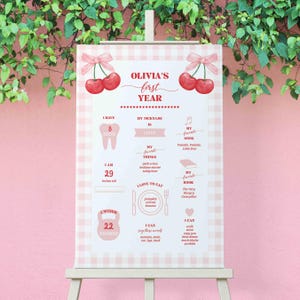 Cherry Milestone My First Year Poster Board, 1st birthday poster, Milestone board sign, Berry First Birthday, Preppy Coquette | TEMPLATE 346