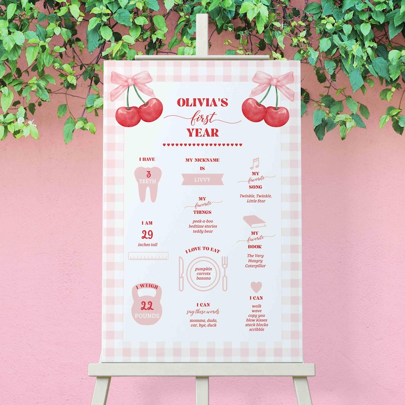 Cherry Milestone My First Year Poster Board, 1st birthday poster, Milestone board sign, Berry First Birthday, Preppy Coquette | TEMPLATE 346 bild 1
