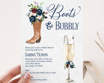 Cowboy Boots and Bubbly Bridal Shower Invitation, Champagne Invites, Navy Blue Burgundy Flowers, Cowgirl, Rustic Farm, Western, Country 116