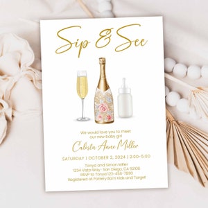 Sip and See Baby Girl Invitation, New Baby Meet and Greet, Welcome Baby Champagne Invite, Co-ed Couples baby birth announcement TEMPLATE 380