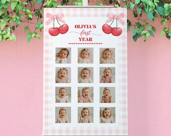 Cherry Milestone My First Year Photo Poster Board, 1st Party sign, Berry First Birthday, Preppy Coquette (Printed or Digital TEMPLATE 346)