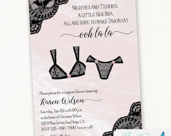 Lingerie Bridal Shower Invitation |  Bachelorette Party Invite | Blush Pink Black | Bra and Panty | Paris french | Printed or Printable