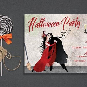 Dancing Couple Halloween Invitation for Adults, Halloween Invite, Dracula, Witch, Costumes and Cocktail Party, Elegant Annual Halloween image 1