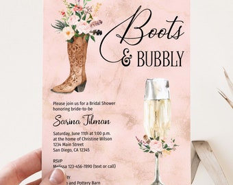 Cowboy Boots and Bubbly Bridal Shower Invitation, Champagne Invite, Cowgirl, Rustic, Farm, Western, Country, couples Boho Chic TEMPLATE 274