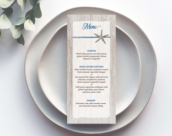 Starfish Dinner Menu, Beach Theme Menu, Destination Wedding Menu, Navy Blue, 4x9" Printable, Editable, Download TEMPLATE 204