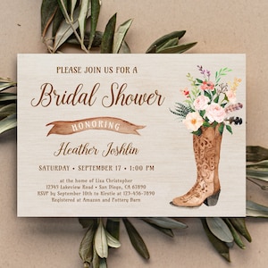 BLUSH PINK Cowboy Boots Bridal Shower Invitation, Rustic, Cowgirl, Western Country Bridal Shower Invite, Boho Chic Pink flowers TEMPLATE 172