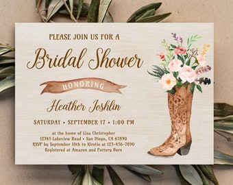 BLUSH PINK Cowboy Boots Bridal Shower Invitation, Rustic, Cowgirl, Western Country Bridal Shower Invite, Boho Chic Pink flowers TEMPLATE 172