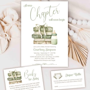 A New Chapter Will Soon Begin Book Baby Shower Invitation card, Library Storybook theme invite sage green books, gender neutral TEMPLATE 431
