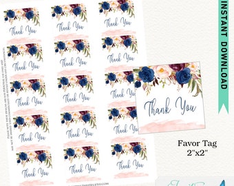 Thank You Bridal Shower Favor Tags, Printable, Floral, Flower Bridal Shower Tags, navy, burgundy, blush, digital INSTANT DOWNLOAD  #104